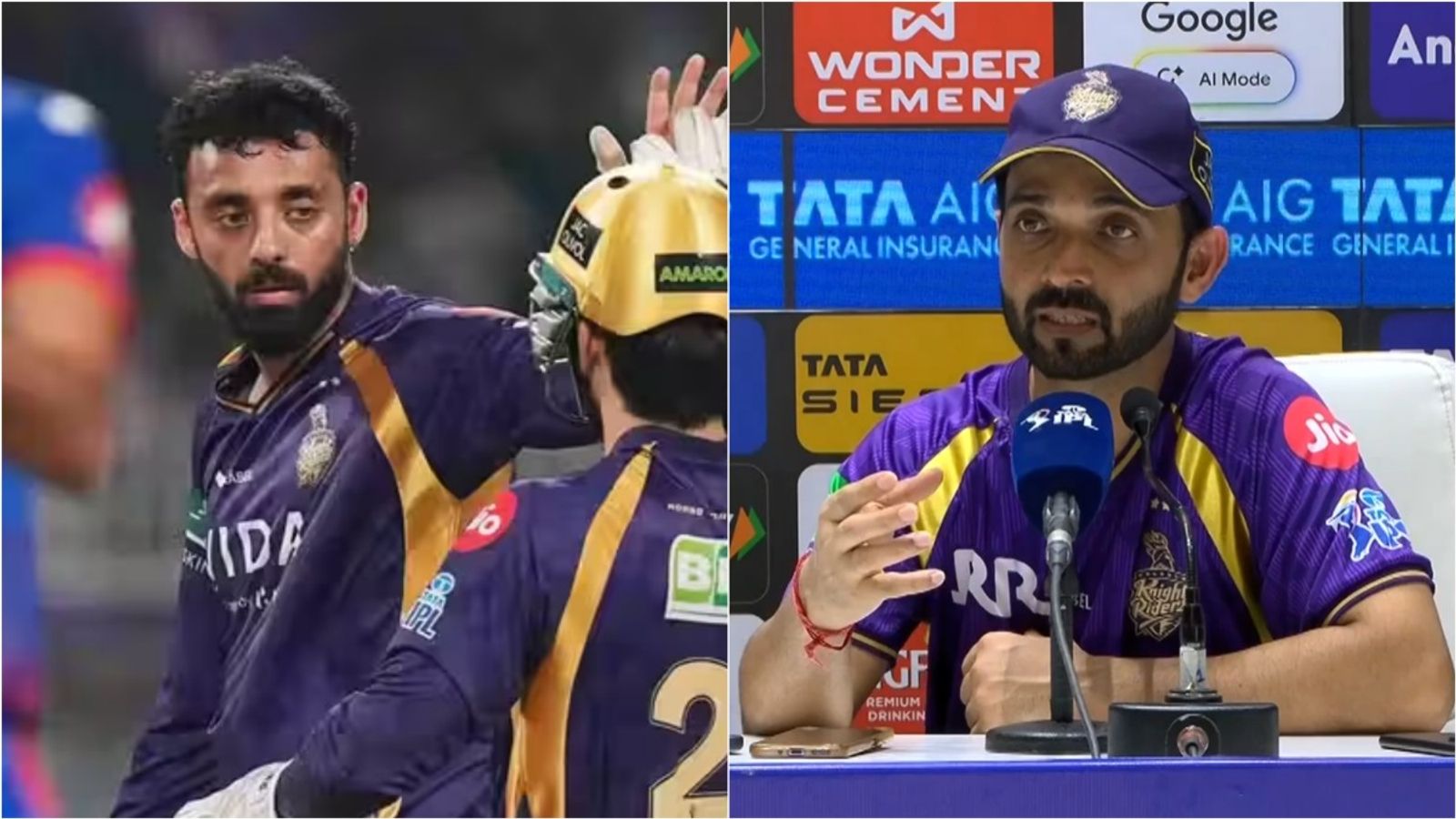 'Physios felt his injuries won't increase': Rahane breaks silence on Chakaravarthy playing despite fractures in IPL 2026 KKR's Varun Chakaravarthy celebrates a wicket against DC in IPL 2026 game on May 24; Skipper Ajinkya Rahane speaks in the post-match press conference. (Photo Credit: BCCI)