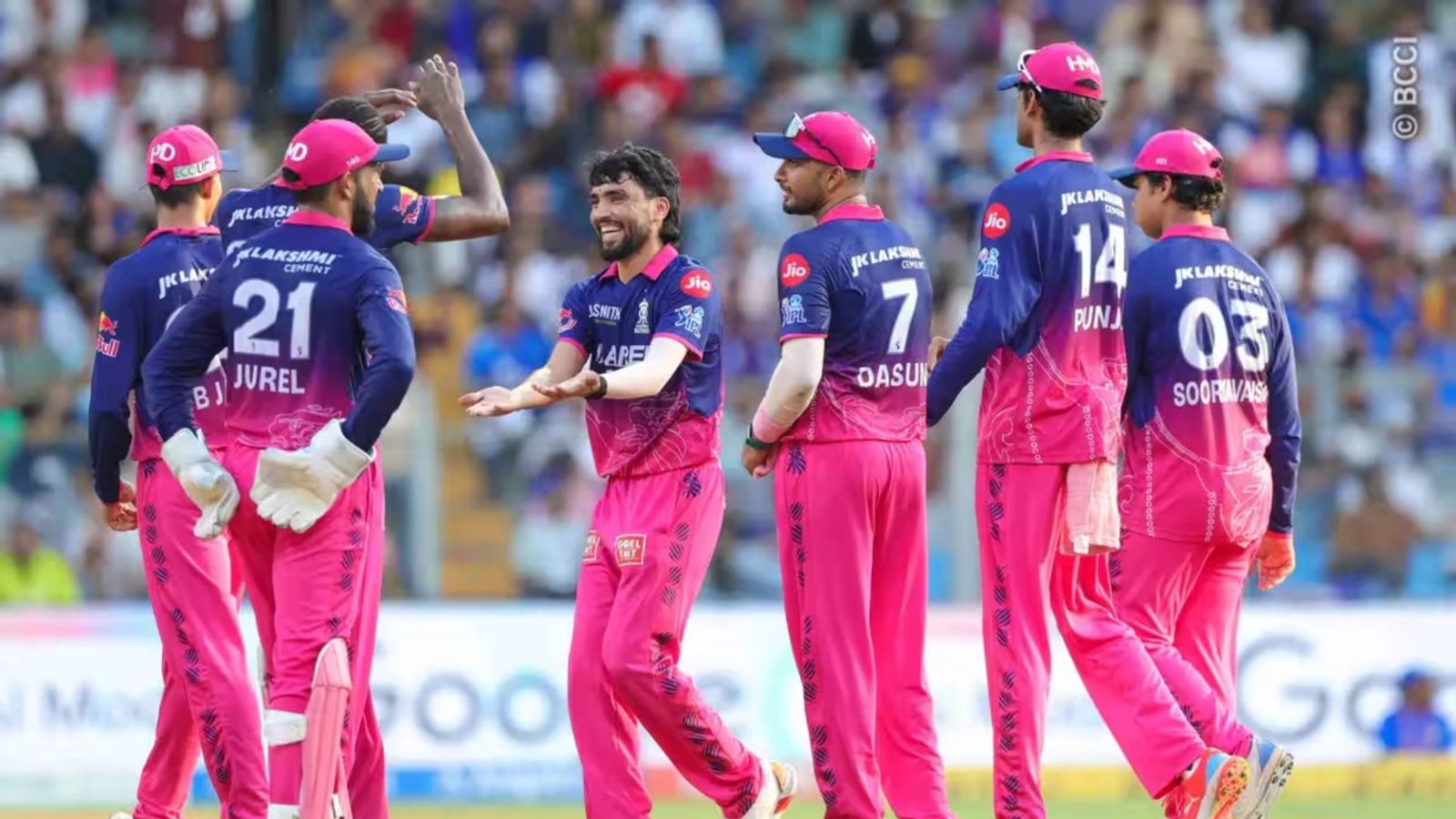 RR urged to 'hold the line' against SRH in IPL 2026 eliminator RR players celebrating a wicket vs MI in this frame. (IPL/BCCI)