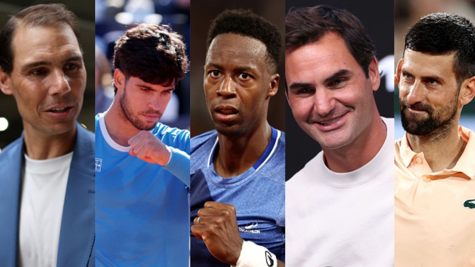 Watch: Gael Monfils receives star-studded tribute ft Nadal, Djokovic, Federer, Sinner, after final Roland Garros match Rafael Nadal, Carlos Alcaraz, Gael Monfils, Roger Federer, Novak Djokovic in the frame (Images via Getty)