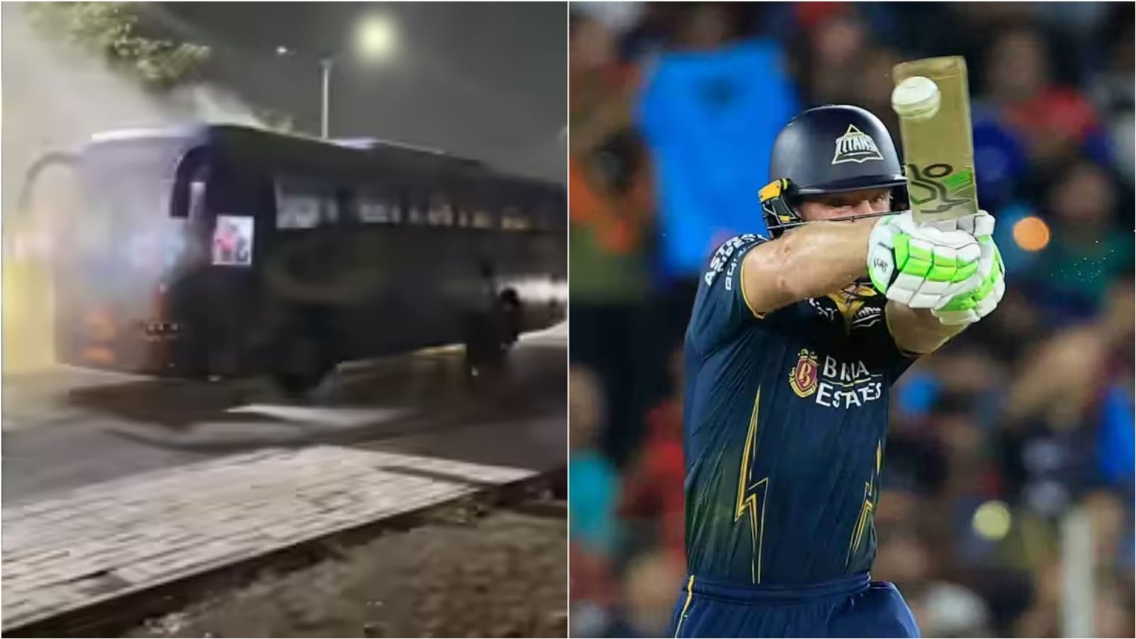 'Boys at the back had started smelling smoke': Jos Buttler on bus ride scare after IPL 2026 final loss Gujarat Titans team bus in smoke; Jos Buttler plays a shot in the IPL 2026 final against RCB on May 31. (Photo Credit: Social media/BCCI)
