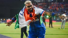 India's Hardik Pandya dances as India India's Hardik Pandya dances as India