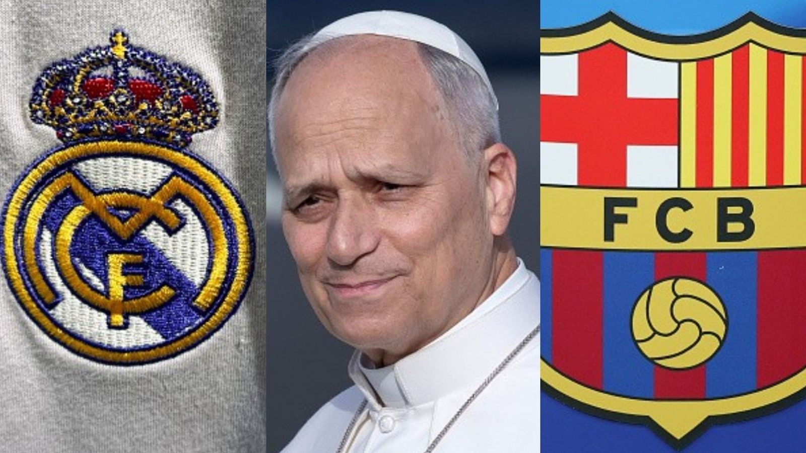 Pope Leo XIV reveals whether he is Real Madrid or FC Barcelona fan upon Spain arrival Real Madrid logo, Pope Leo XIV, FC Barcelona logo in the frame (Images via Getty)