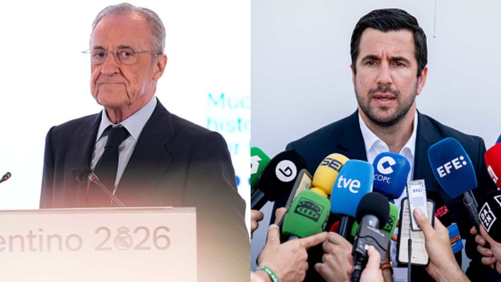 Real Madrid announces presidential election results; is it Florentino Perez or Enrique Riquelme? Florentino Perez. Enrique Riquelme in the frame (Images via Getty)