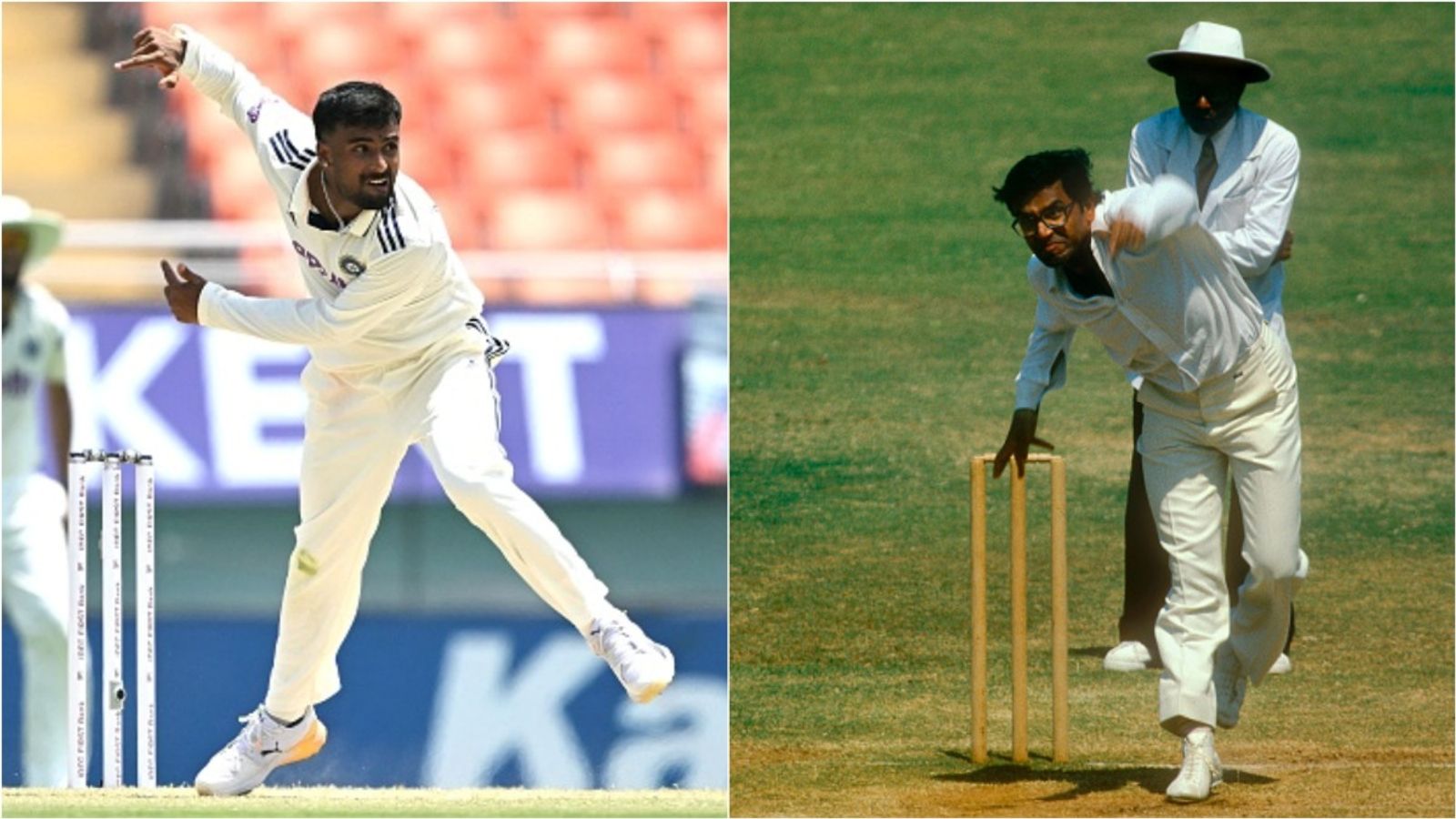 Manav Suthar breaks 46-year-old record on Test debut with 6/33 vs Afghanistan Manav Suthar bowls on his Test debut against Afghanistan; Dilip Doshi in action.