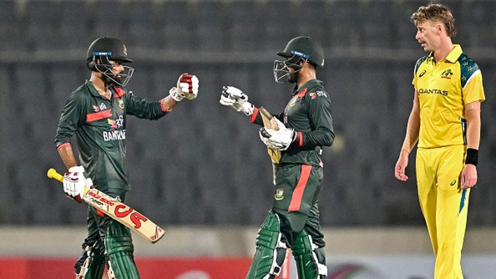 BAN vs AUS: Bangladesh notch historic 5-wicket win over Australia in 2nd ODI to seal series Bangladesh's Towhid Hridoy (L) and captain Mehidy Hasan Miraz (C) celebrate their team's win over Australia in second ODI. (Getty)