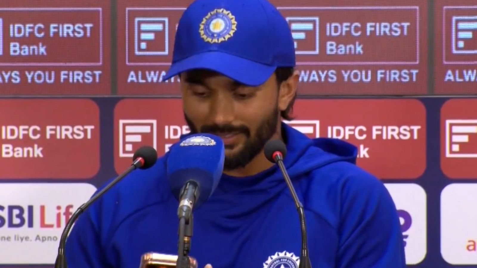 WATCH: Nitish Kumar Reddy pauses press conference to answer mother's call after India's win vs Afghanistan Nitish Kumar Reddy in this frame. (Screengrab)