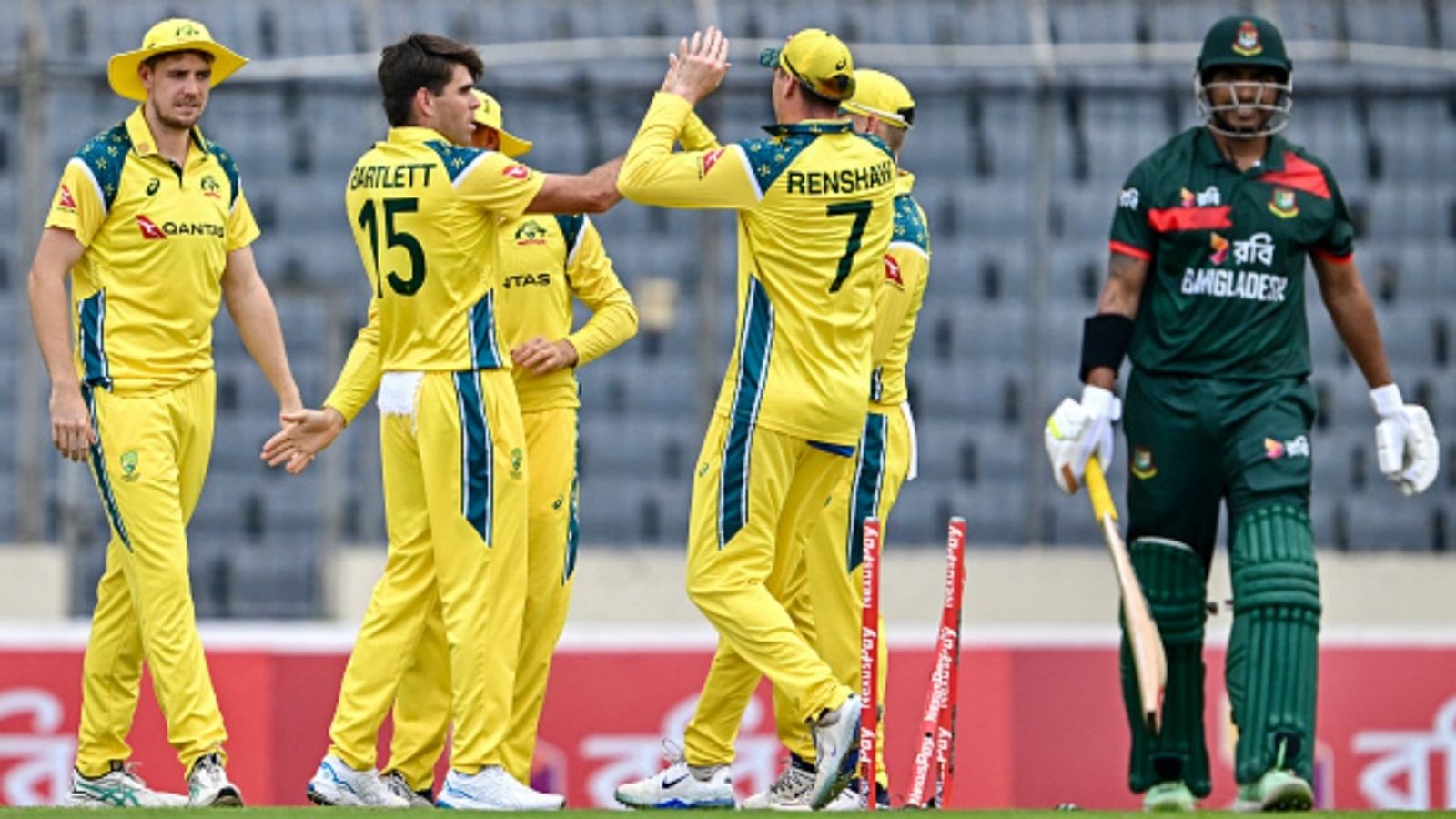 Bangladesh add 33-yr-old opener to T20I squad vs Australia as captain uncertain for series starter Australia's Xavier Bartlett (2L) celebrates with teammates after taking the wicket of Bangladesh's Soumya Sarkar (R) during the third ODI match at the Sher-e-Bangla National Stadium in Dhaka on June 14, 2026.