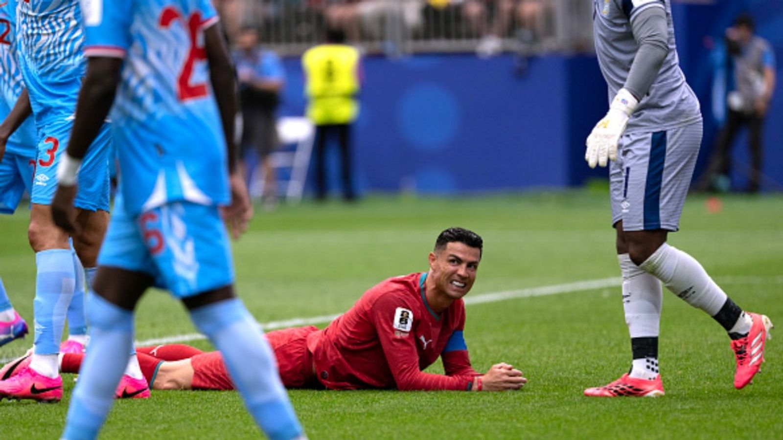 Ronaldo's goal drought continues as Portugal held for a 1-1 draw on Congo's return to FIFA World Cup after 5 decades Cristiano Ronaldo of Portugal grimaces on the ground during the FIFA World Cup 2026 Group K match against Congo DR at Houston Stadium on June 17, 2026 in Houston, Texas.