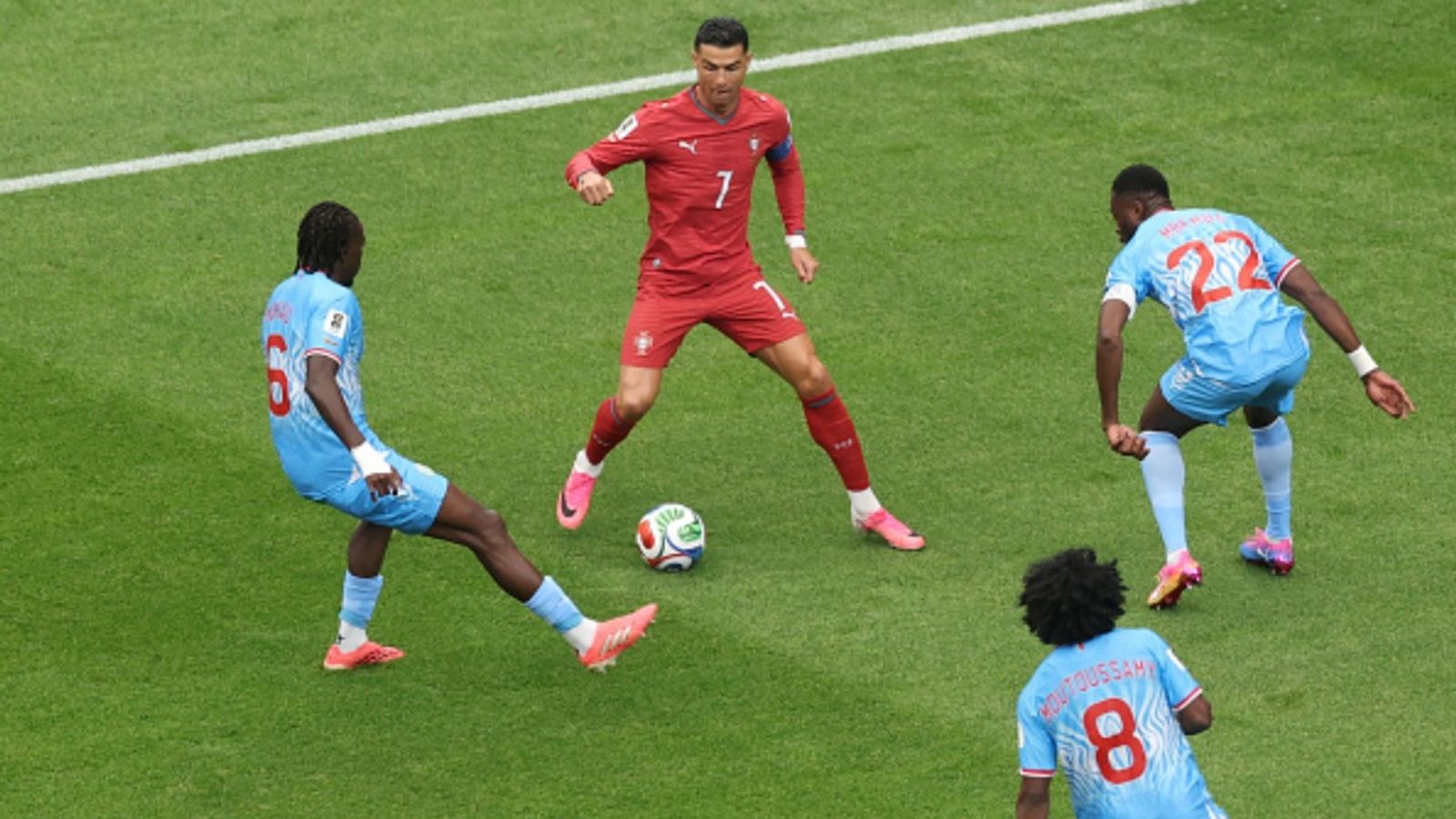 'Ronaldo isn't the same as before': DR Congo midfielder says team didn't have special plan for Portugal legend Cristiano Ronaldo #7 of Portugal controls the ball under pressure from Ngalayel Mukau #6 and Chancel Mbemba #22 of Congo DR during the FIFA World Cup 2026 Group K match at Houston Stadium on June 17, 2026 in Houston, Texas.