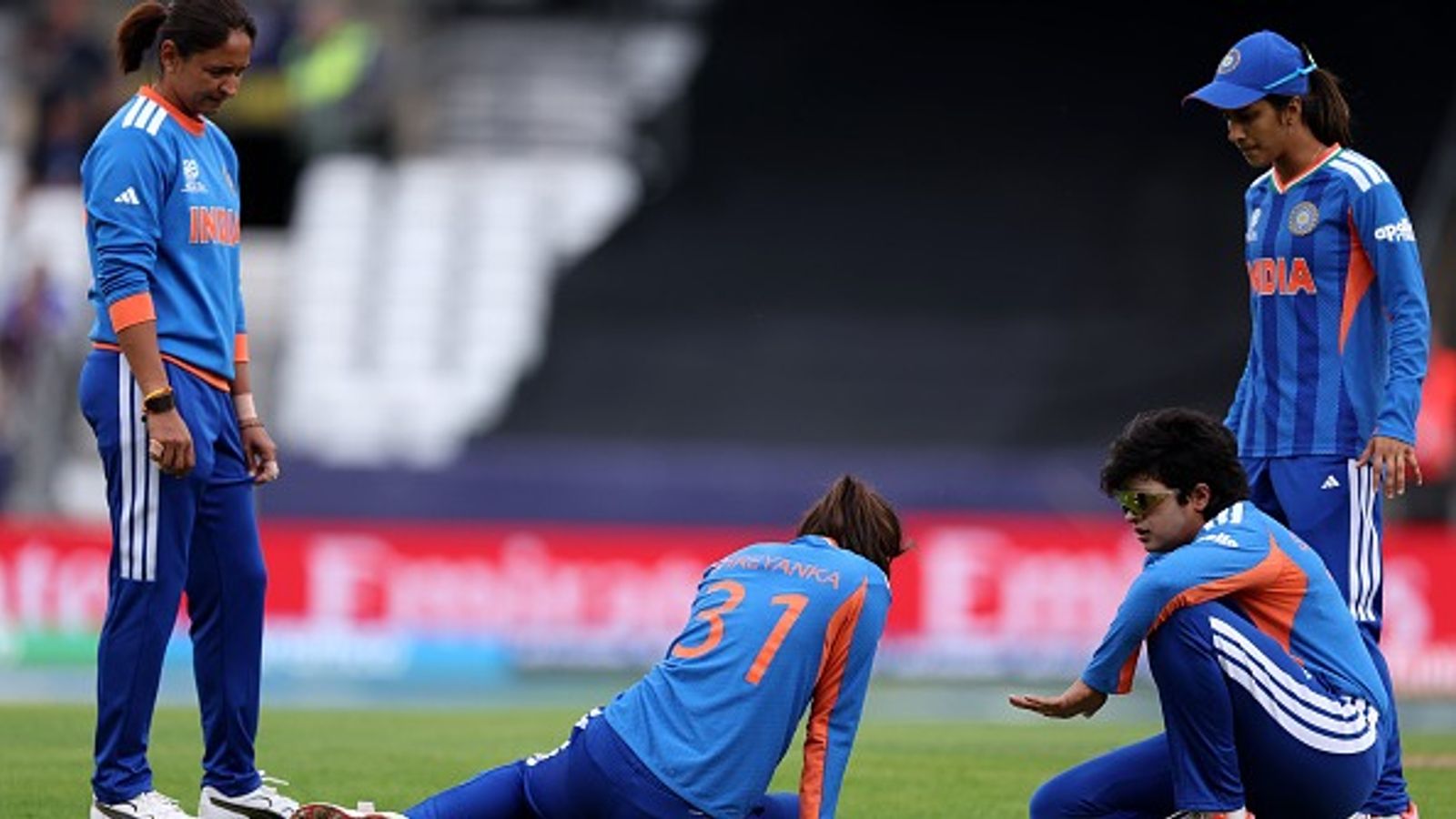 Massive blow to India Women's T20 World Cup campaign, star player likely to miss entire tournament due to injury India's Shreyanka Patil (2nd from left) goes down with an injury during their ICC Women's T20 World Cup Group A match against Netherlands. (Getty)
