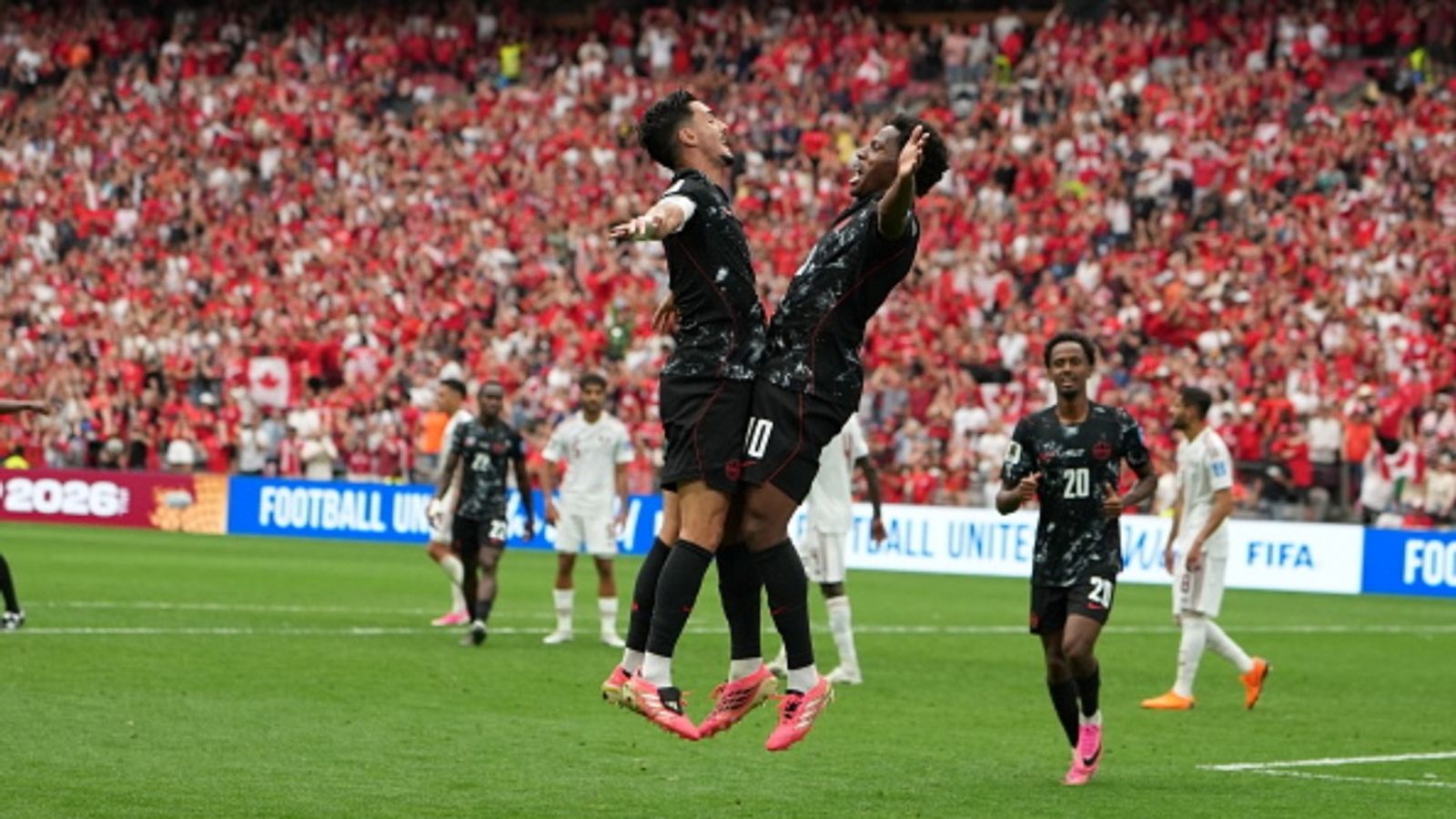 Jonathan David's hat-trick helps Canada beat 9-man Qatar by 6-0, register 1st win in FIFA World Cup history Jonathan David (10) of Canada celebrates after scoring a goal during the 2026 FIFA World Cup First Stage Group B match against Qatar at BC Place Stadium in Vancouver, Canada on June 18, 2026.