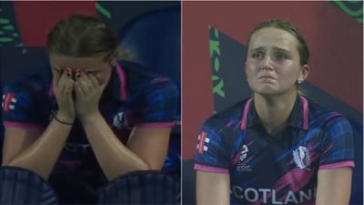 Scotland opener Darcey cries inconsolably in dugout after 62-ball 59 after losing wicket in 7-run loss to West Indies Darcey Carter