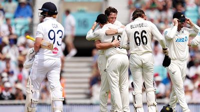 ENG vs NZ: Henry's 11-wicket haul powers New Zealand to crushing 253-run victory over England in 2nd Test New Zealand's ace pacer Matt Henry celebrates with his teammates in this frame. (Getty)