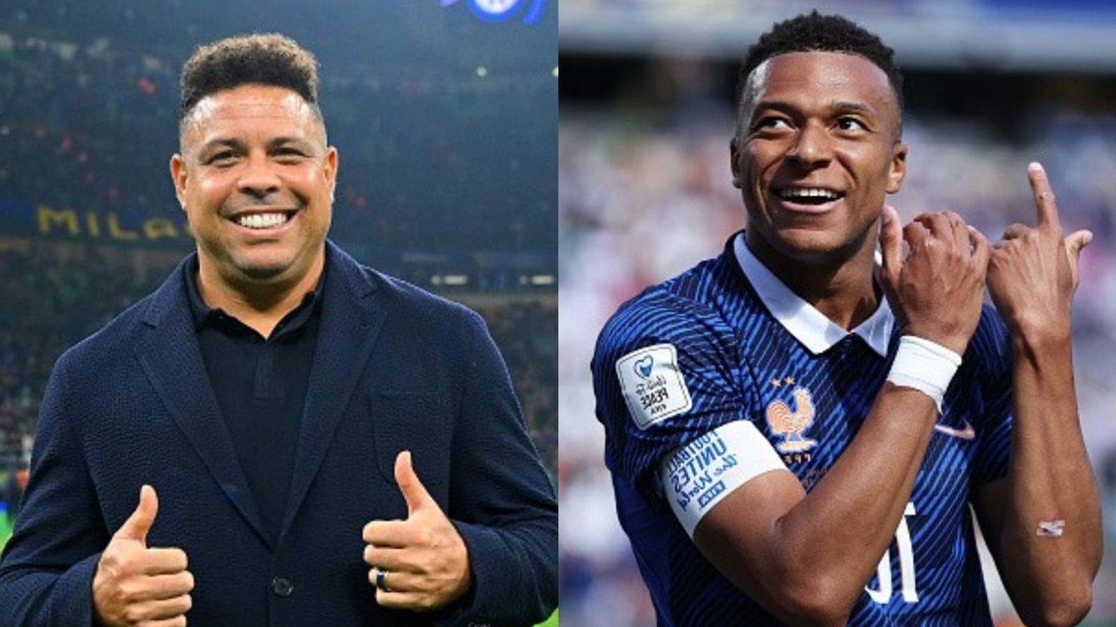 Mbappe equals Ronaldo Nazario with 15th World Cup goal as France vs Iraq suspended Ronaldo Nazario and Kylian Mbappe in the fram (Images via Getty)