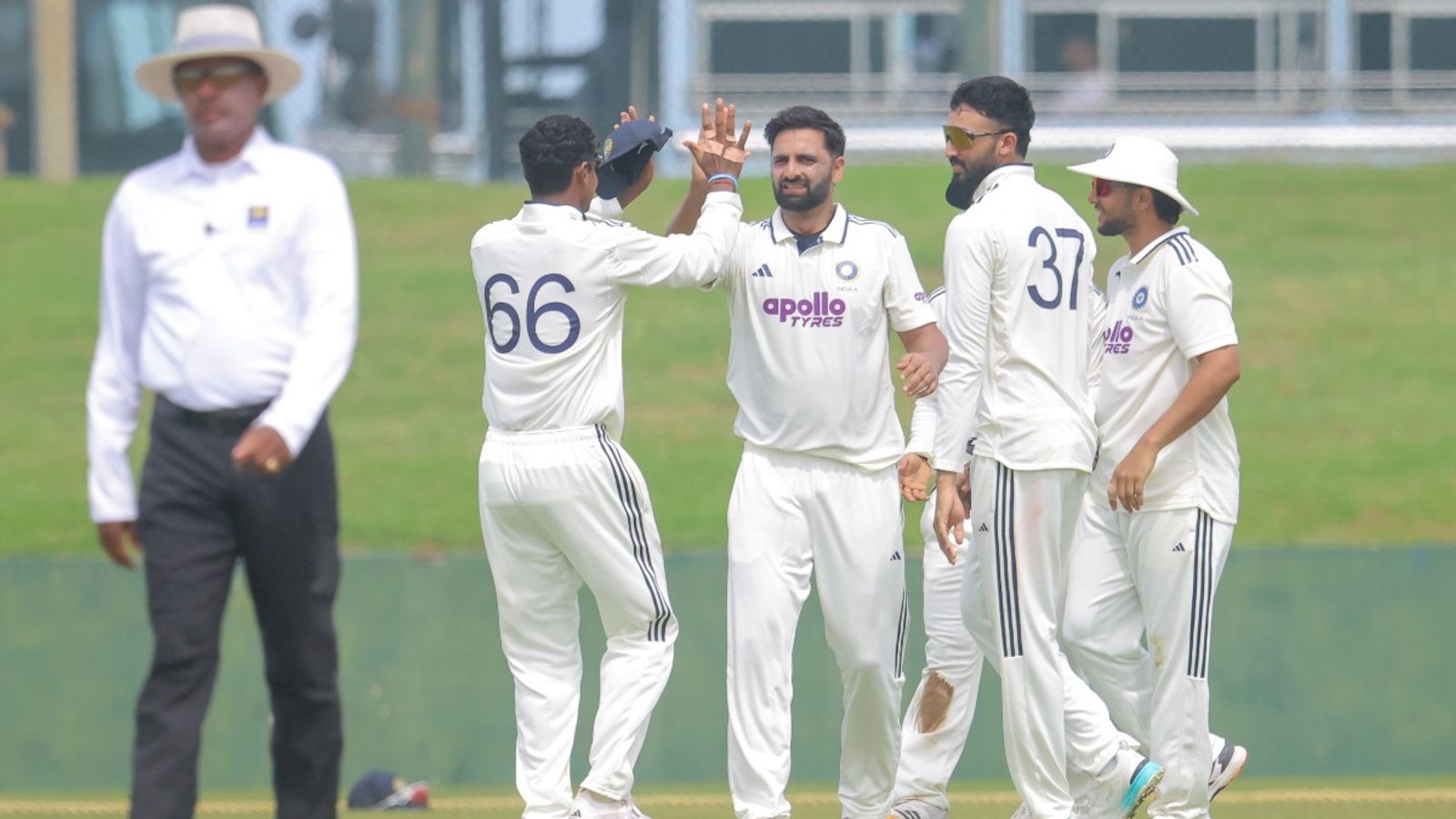 IND A vs SL A: India munch on 170-run lead after Auqib Nabi's 4-fer put Sri Lanka on backfoot on Day 3 India A's Auqib Nabi (C) celebrates with his teammates in this frame. (BCCI)