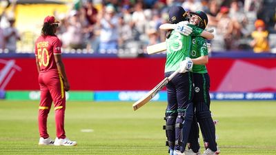 Ireland shock West Indies by 6 wickets with historic first-ever Women's T20 World Cup win Ireland's Rebecca Stokell and Louise Little (right) celebrate after beating West Indies in their Women's T20 World Cup. (Getty)