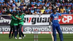 Ireland players celebrate the wicket of India's Axar Patel during their second T20I. (Getty) Ireland players celebrate the wicket of India's Axar Patel during their second T20I. (Getty)