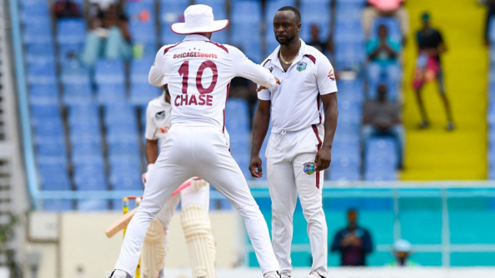 West Indies pacers bundle out Sri Lanka for 101, win by an innings and 217 runs to open WTC 2025-27 account Kemar Roach (R) looks to Roston Chase (L) of West Indies as they celebrate the dismissal of Dinesh Chandimal of Sri Lanka during Day 4 of the 1st Test at Sir Vivian Richards Stadium in North Sound, Antigua and Barbuda, on June 28, 2026.