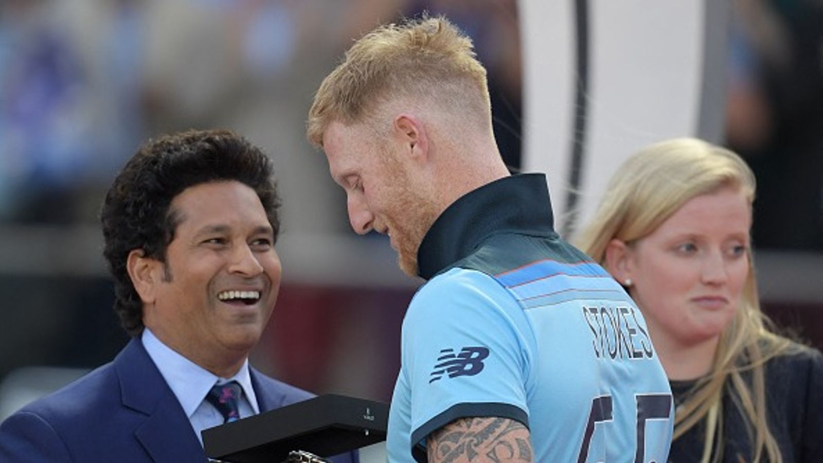 Sachin Tendulkar pens emotional message for retired Ben Stokes, says 'staying away from middle will be hardest' Former Indian cricketer Sachin Tendulkar (L) presents the man of the match award to England's Ben Stokes after England's victory in the 2019 Cricket World Cup final against New Zealand at Lord's Cricket Ground in London on July 14, 2019.