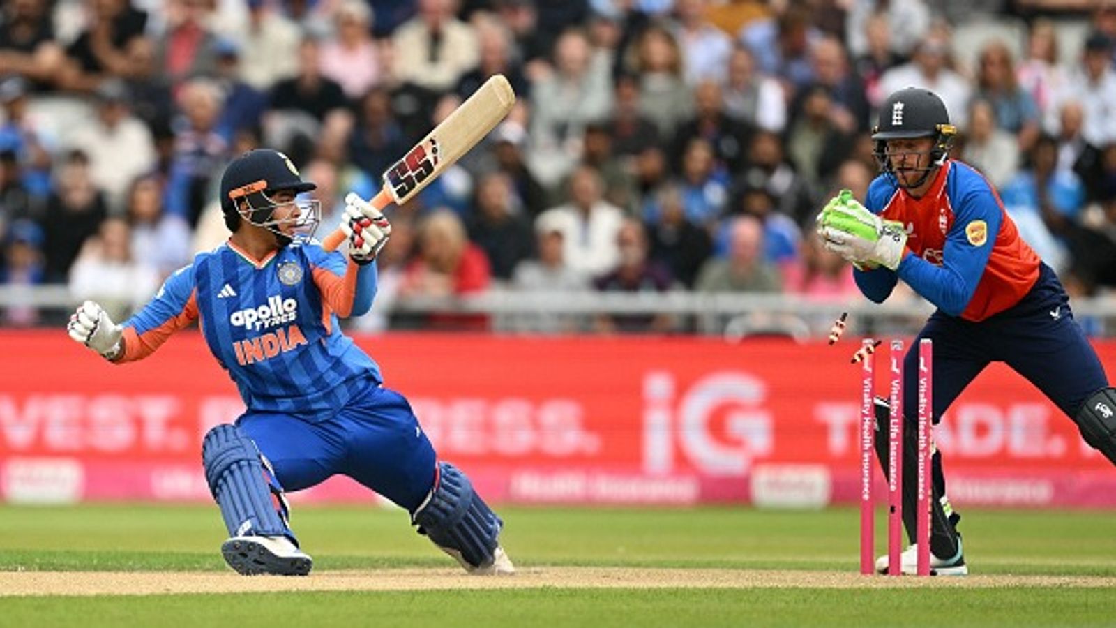 Watch: Vaibhav Sooryavanshi falls for 14 on historic T20I debut after blasting 2 sixes India's Vaibhav Sooryavanshi (L) is stumped by England's Jos Buttler (R) off Will Jacks' bowling during 2nd T20I. (Getty)