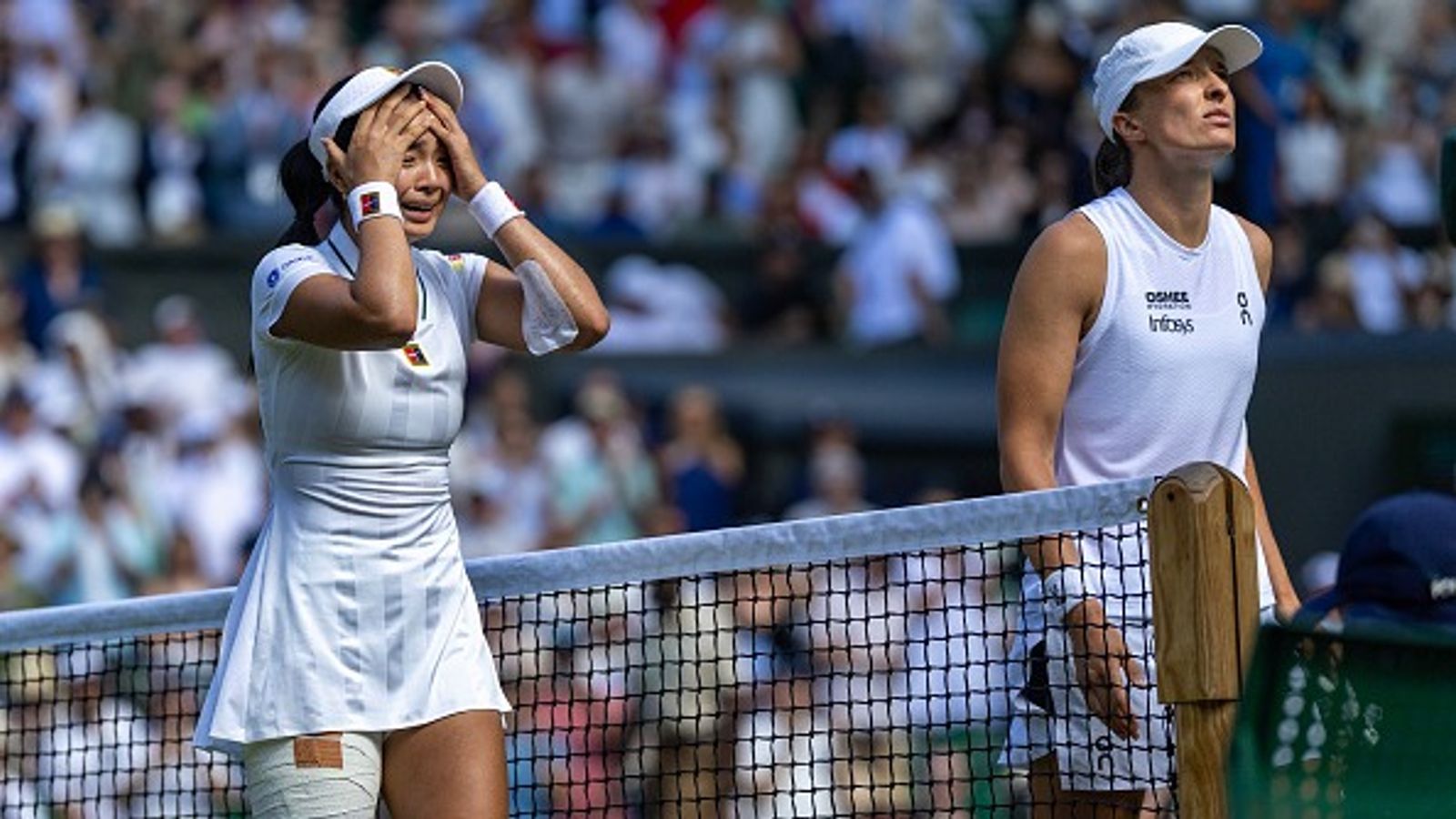 Wimbledon 2026: Philippines’ star knocks out defending champion Iga Swiatek with straight-sets victory Philippines' Alexandra Eala (L) reacts after thrashing defending champion Iga Swiatek in this frame. (Getty)