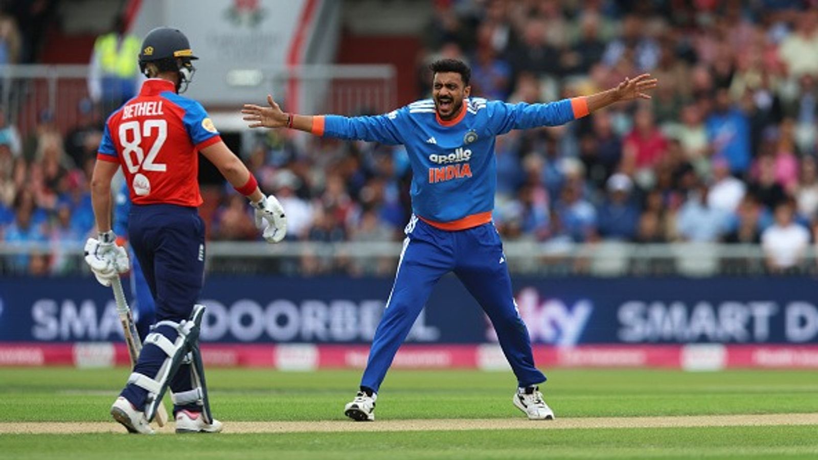 Axar Patel becomes first-ever Indian spinner to unlock this historic feat in IND vs ENG 2nd T20I India's Axar Patel (R) appeals as England's Jacob Bethell looks on in this frame. (Getty)