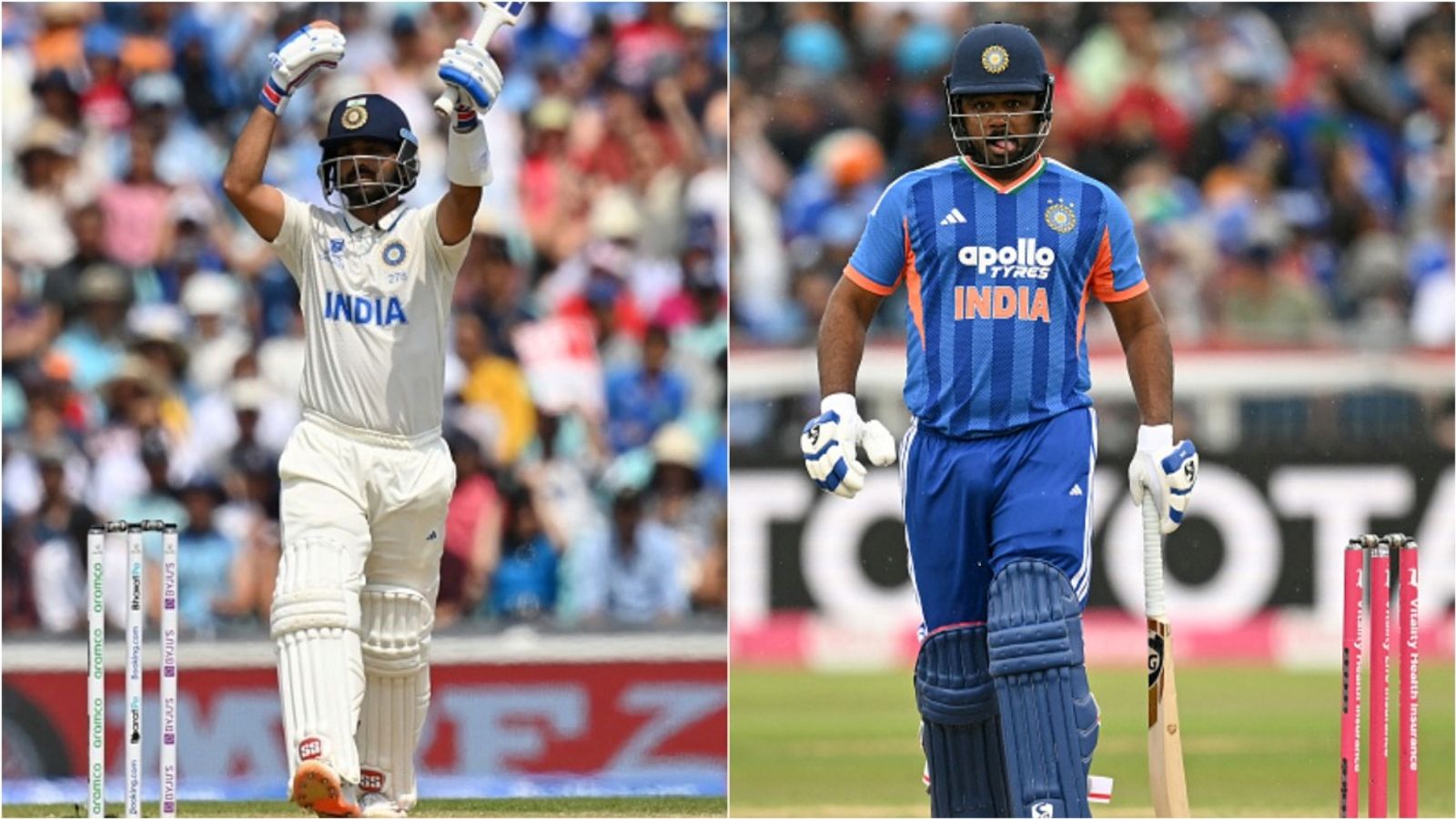 ‘Find it odd that the hero of our...’: Rahane hopes for Samson’s comeback to T20I squad India's Ajinkya Rahane reacts after losing his wicket; India T20I opener Sanju Samson.