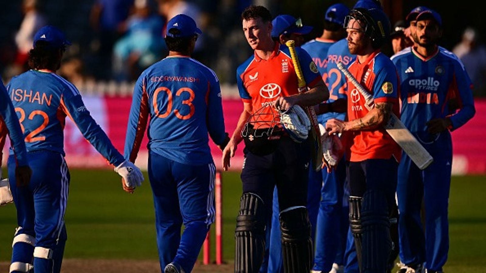 World champions India humbled again, slump to 1st-ever T20I series defeat vs England with 9-wicket hammering in Bristol England's Harry Brook (C) and Phil Salt shake hands with India players after winning 4th T20I by 9 wickets. (Getty)
