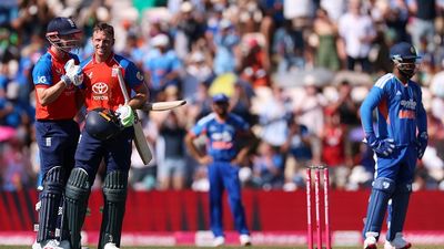 IND vs ENG: England blow away India by 56 runs in 5th T20I to become World no.1 with 4-0 series triumph England's Jos Buttler (2nd from Left) and Harry Brook (L) celebrate as India's Sanju Samson looks on in this frame. (Getty)