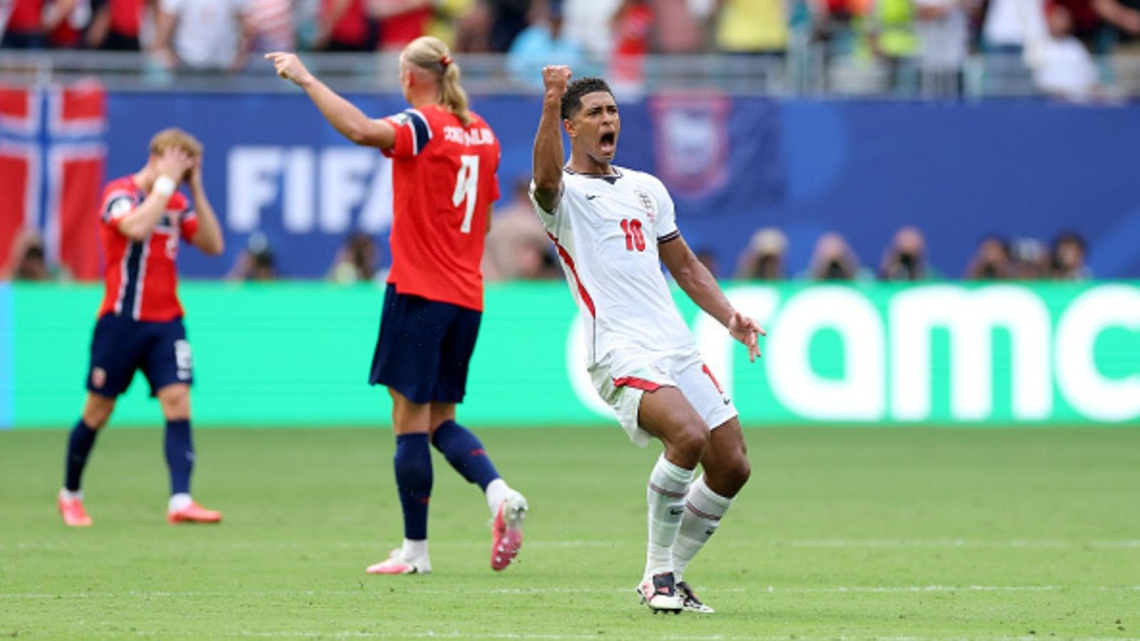 Jude Bellingham's brace sends England to World Cup semifinals; Haaland's Norway eliminated England vs Norway in the frame (Image via Getty)
