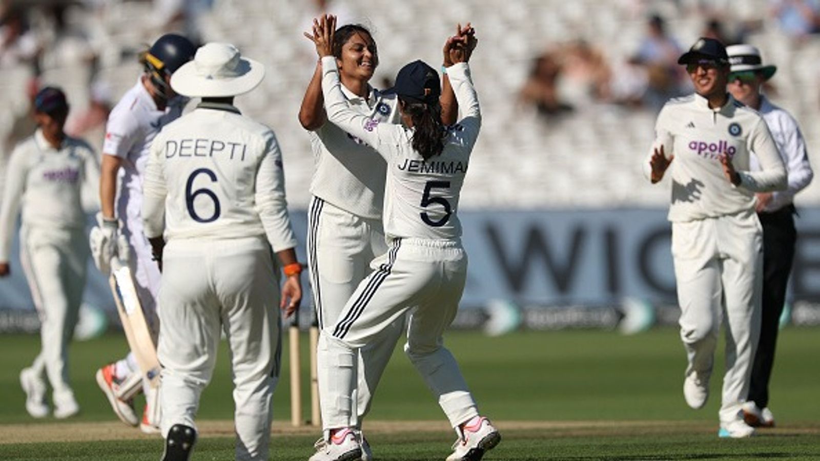 IND W vs ENG W: Yastika-inspired India leave England reeling, 4-wicket away from breaching Lord's fort India bowler Sayali Satghare celebrates the wicket of England's Alice Capsey in this frame. (Getty)