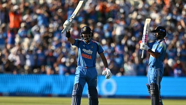 India's star all-rounder Axar Patel (L) celebrates his half-century during the first ODI vs England. (Getty)