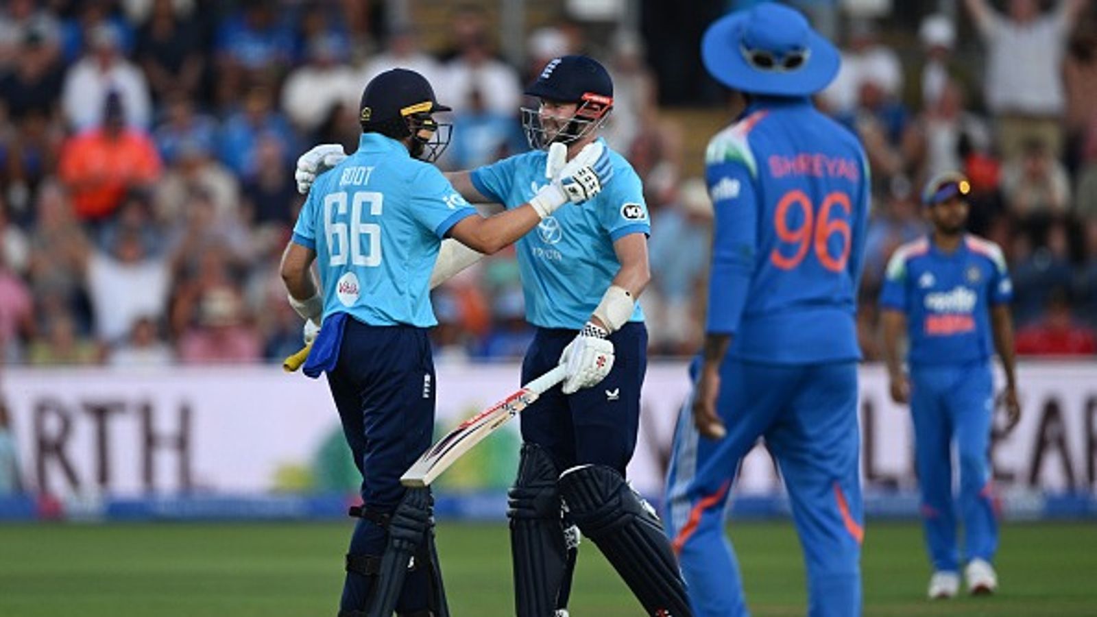 IND vs ENG: Root's robust 99 guides England to 4-wicket win over India in 2nd ODI to level series 1-1 England's Joe Root celebrates with his teammate Gus Atkinson after beating India in the second ODI. (Getty)