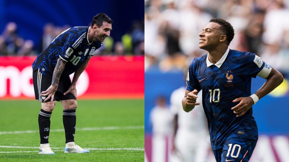 Argentina's Lionel Messi (L) and France's Kylian Mbappe in frame. (Getty)