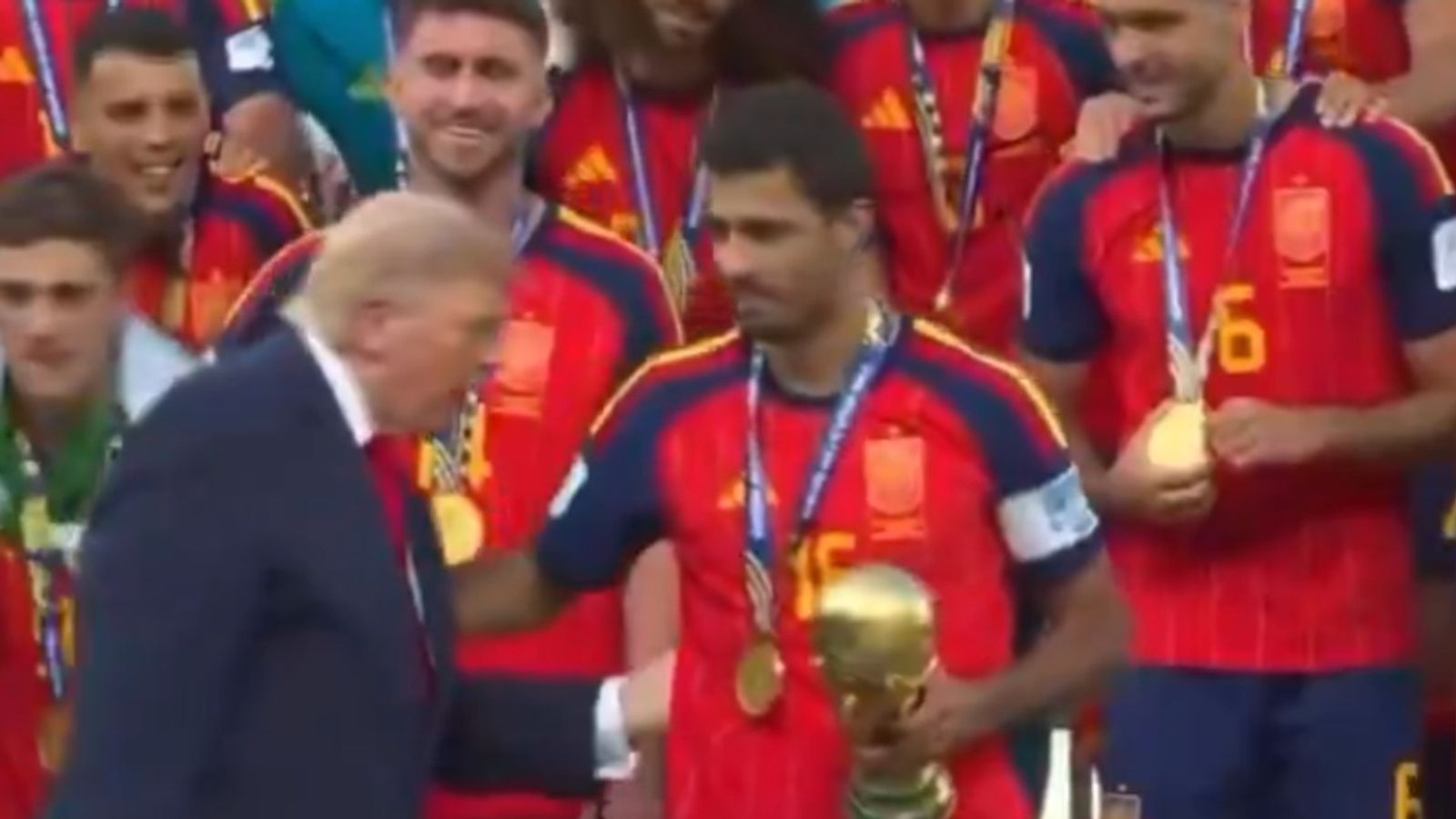 WATCH: Donald Trump steals spotlight during Spain's FIFA World Cup trophy celebration Donald Trump with Spanish national team players.