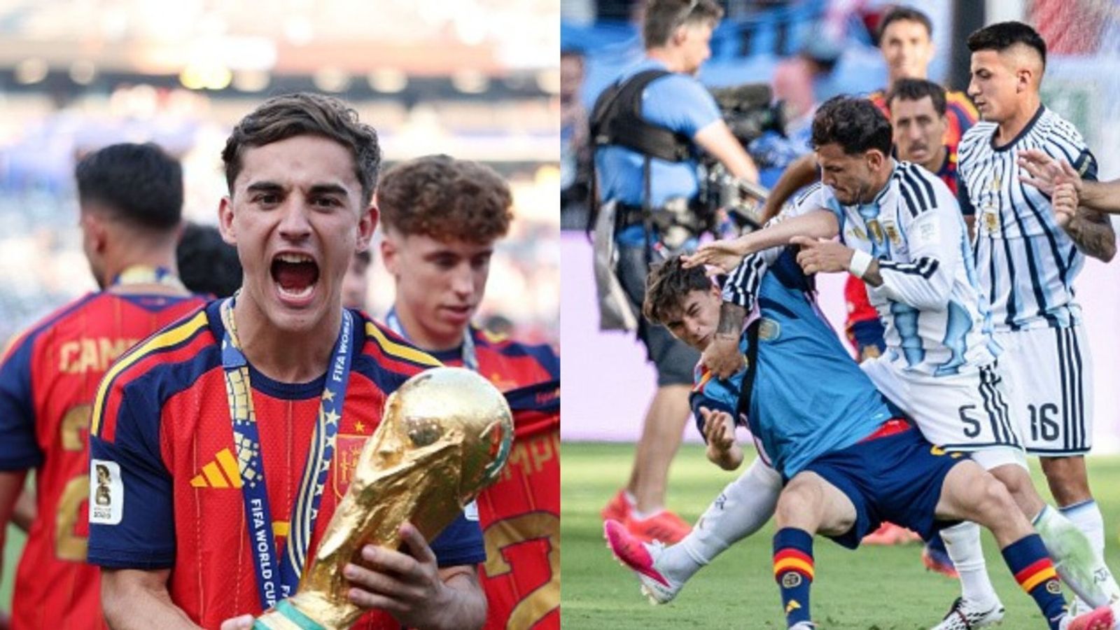 Spain's Gavi speaks on suspensions for Argentina players after World Cup final brawl Gavi, Spain vs Argentina in the frame (Images via Getty)