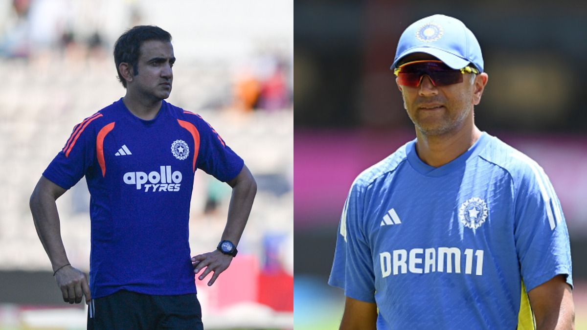 India's current head coach Gautam Gambhir (L) and former coach Rahul Dravid in frame. (Getty)