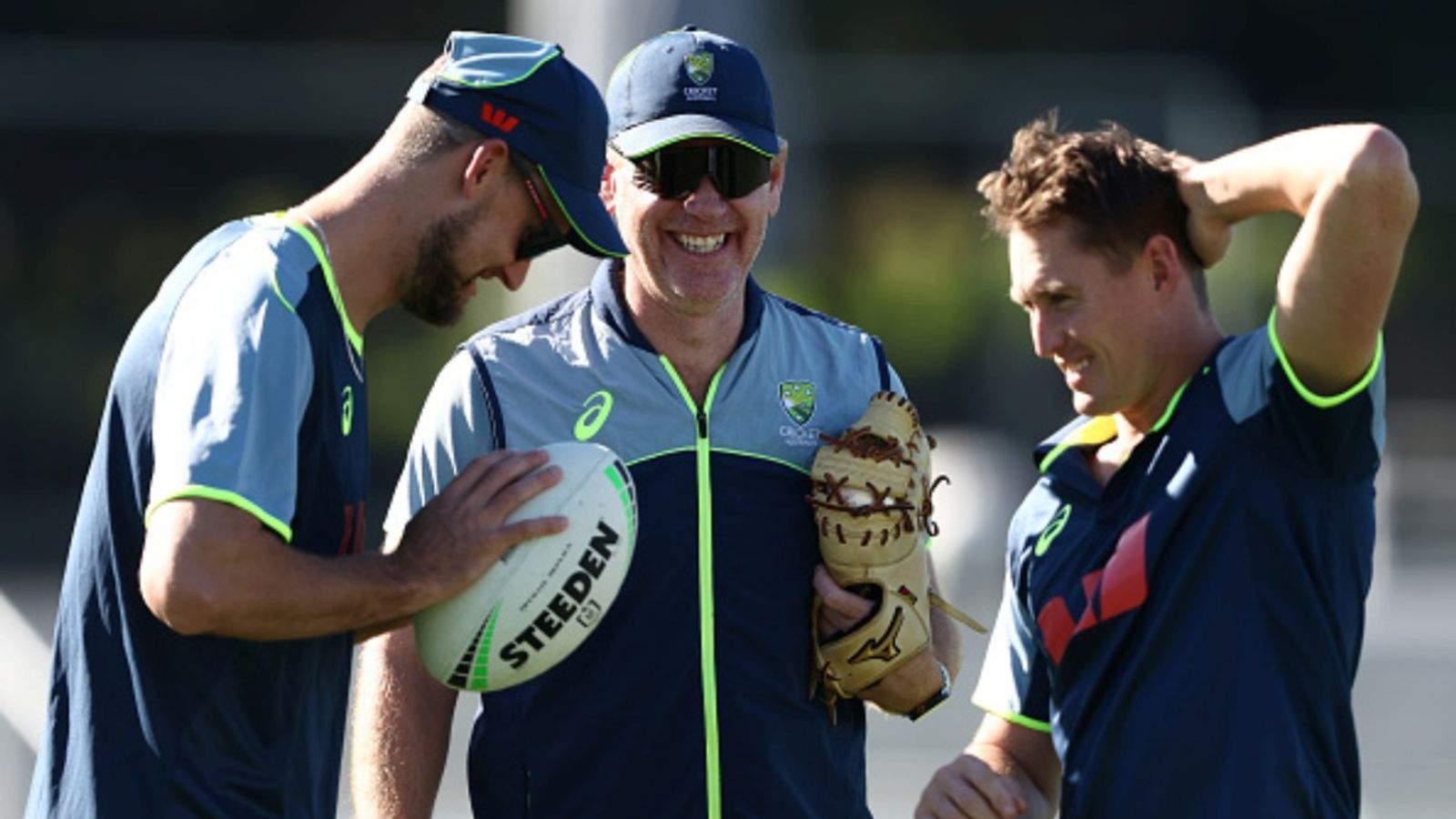 No practice game for Australia ahead of BGT 2027 in India, Head coach explains why Beau Webster, Head Coach Andrew McDonald and Marnus Labuschagne during the Australian Test Squad Match Simulation at Allan Border Field on August 03, 2026 in Brisbane, Australia.