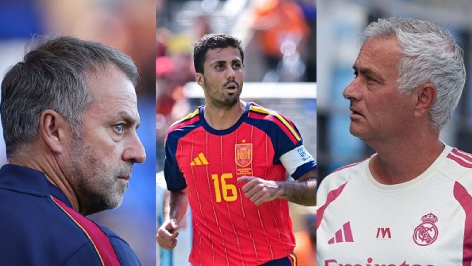 World Cup winner Rodri’s transfer intensifies as Barcelona joins Real Madrid in race Hansi Flick, Rodri, Jose Mourinho in the frame (Images via Getty)