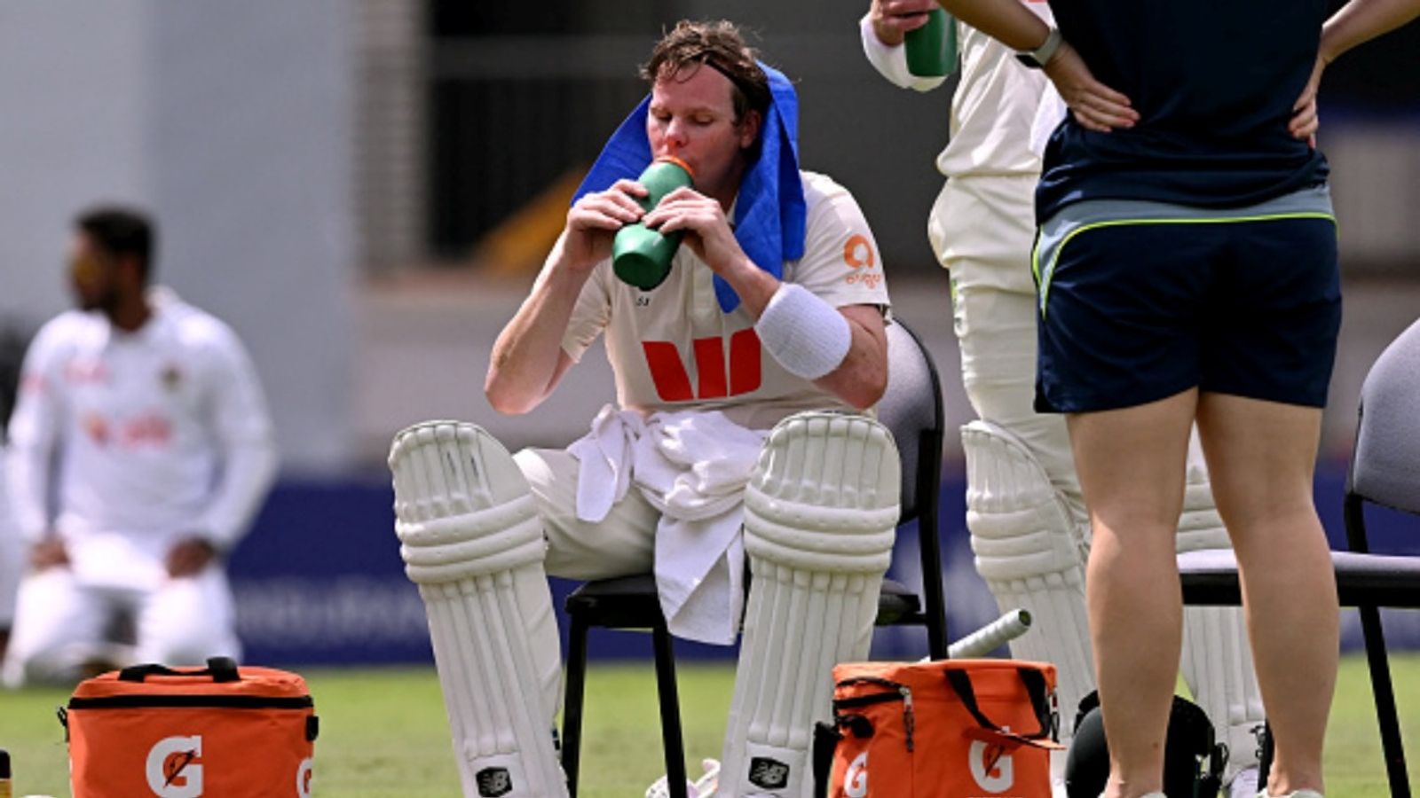 'Just hit the damn thing, stop being a princess': Spectator trolls Steve Smith for complaining about sight screen Australian batter Steve Smith sits during a drinks break on the first day of the first Test against Bangladesh at Marrara Stadium in Darwin on August 13, 2026.
