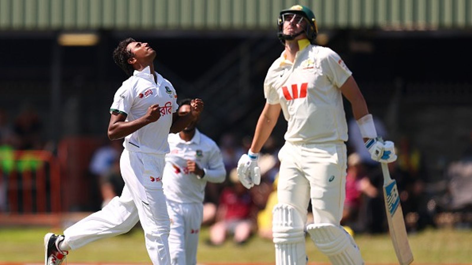 AUS vs BAN: Mahmud's sorcery leaves Australia struggling in 1st Test as Bangladesh seize command on Day 1 Bangladesh's Hasan Mahmud celebrates after taking the wicket of Australia's Pat Cummins in this frame. (Getty)