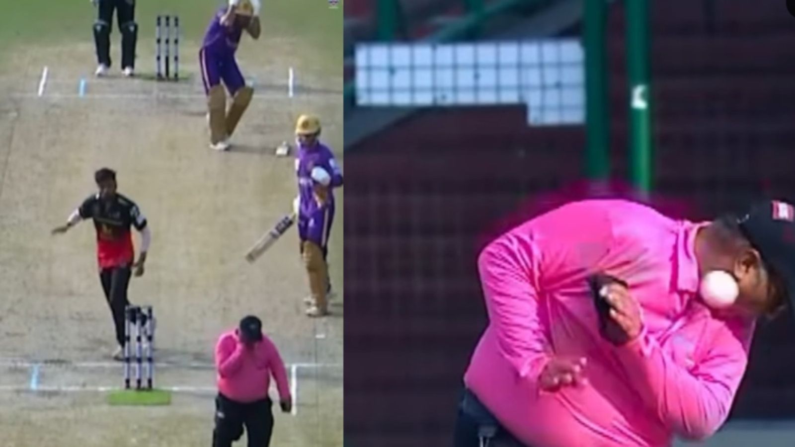 Scary scenes in DPL 2026 as umpire Dharmesh Bharadwaj takes blow to face, admitted to ICU Lakshya Thareja in this frame. (Screengrab)