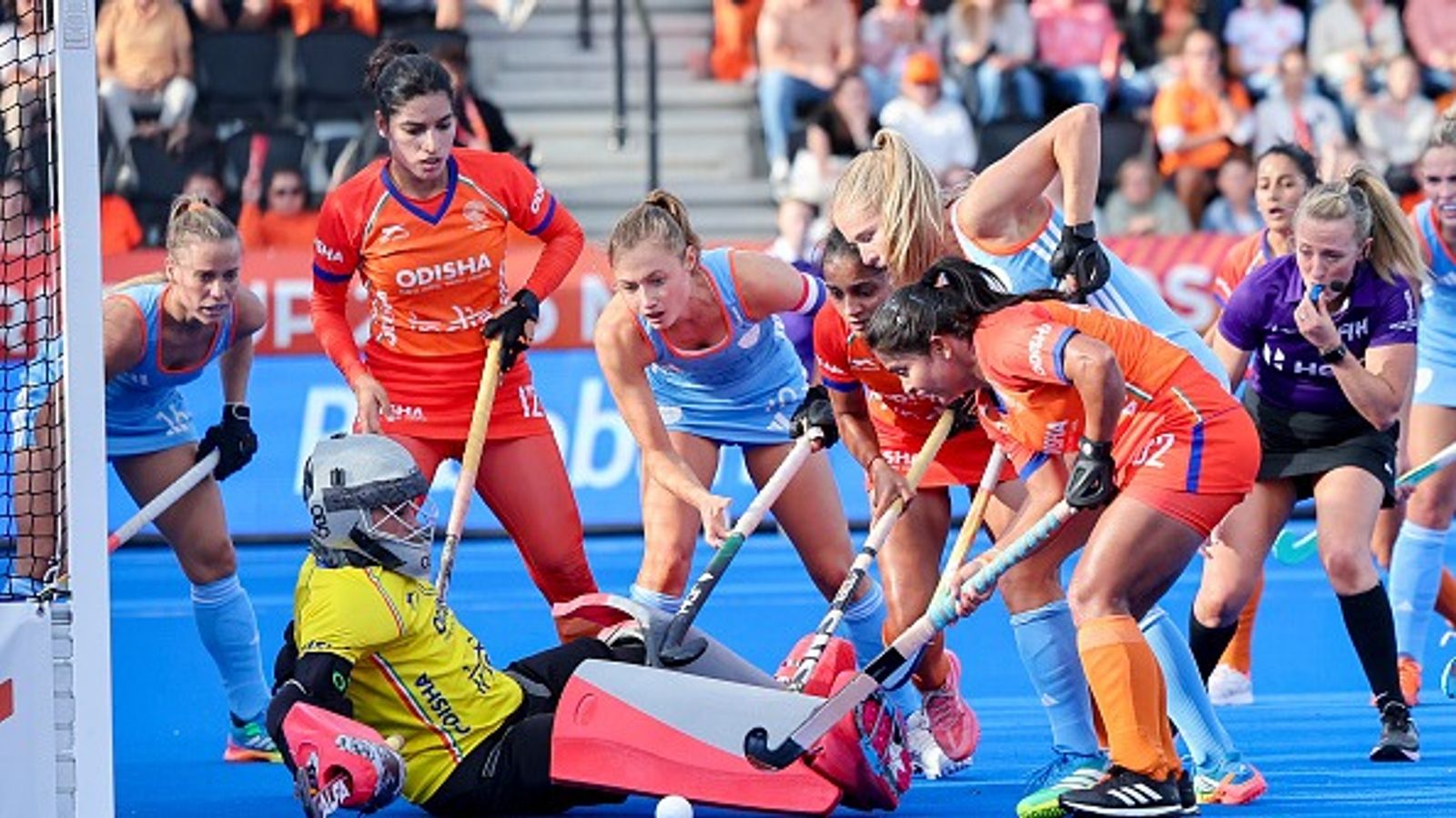 Hockey World Cup: India women's team suffer 0-2 hammering against Netherlands Players from Netherlands and India are battling for the ball during their Hockey World Cup clash. (Getty)