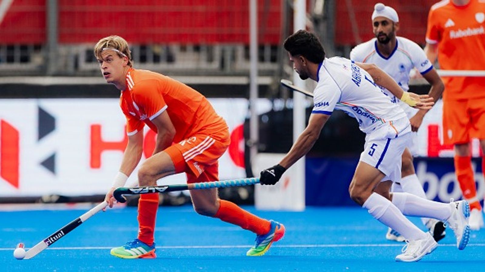 Hockey World Cup: India fall to Netherlands 1-3, semis hopes hinge on England vs Argentina clash (L-R) Justen Blok of Netherlands, Abhishek of India during Hockey World Cup 2026. (Getty)