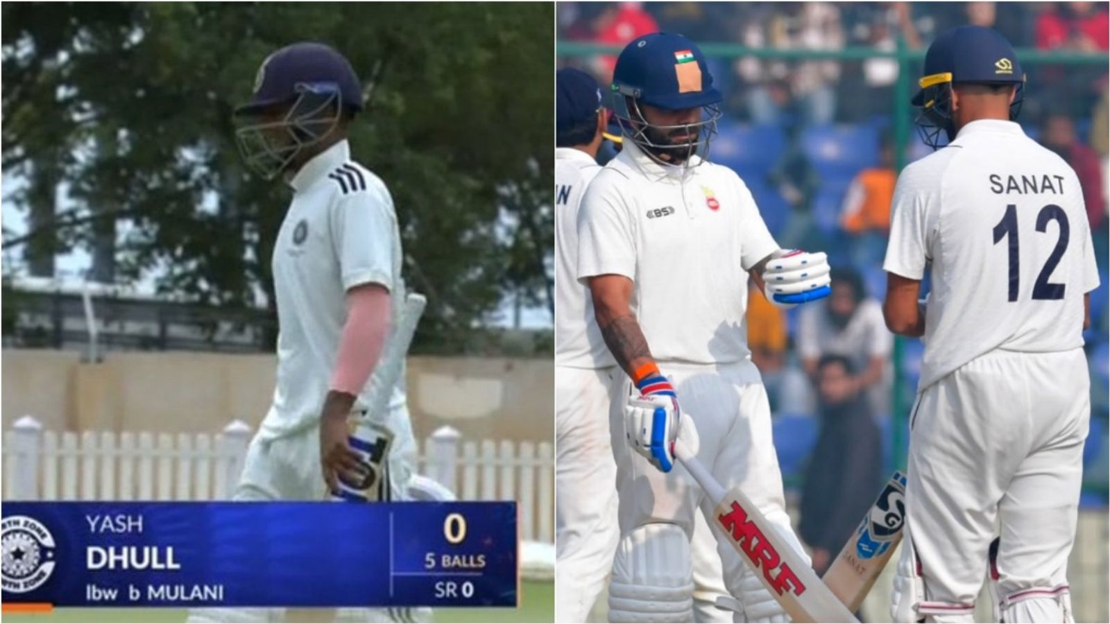 Picked ahead of batter who scored 828 runs in Ranji Trophy 2025-26, Yash Dhull scores 9 runs in 2 innings Duleep Trophy clash North Zone opener Yash Dhull departs for a duck in Duleep Trophy 2026 clash; Delhi's Sanat Sangwan fist bumps Virat Kohli during Ranji Trophy 2025-26 clash.