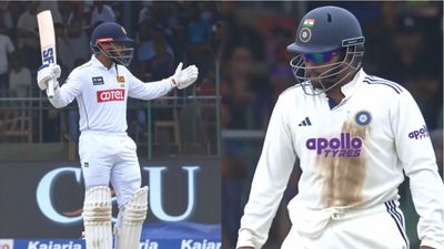 WATCH: Sarfaraz Khan sledges Dhananjaya de Silva, Manav Suthar strikes moments later Dhananjaya de Silva and Sarfaraz Khan in this frame. (Screengrab)