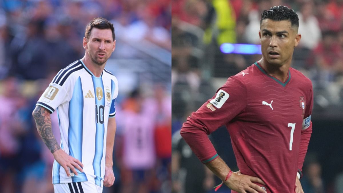 Argentine football icon Lionel Messi (L) and Portugal's football superstar Cristiano Ronaldo in frame. (Getty)