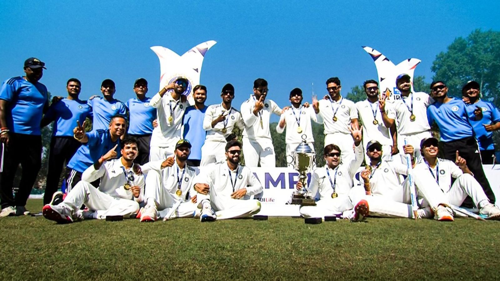 Mukesh-Akash's combined 9-fer makes Pant's Rest of India Irani Cup 2026 champions after crushing J&K 167 runs Rest of India's players celebrate with the trophy after winning Irani Cup 2026 title. (BCCI)
