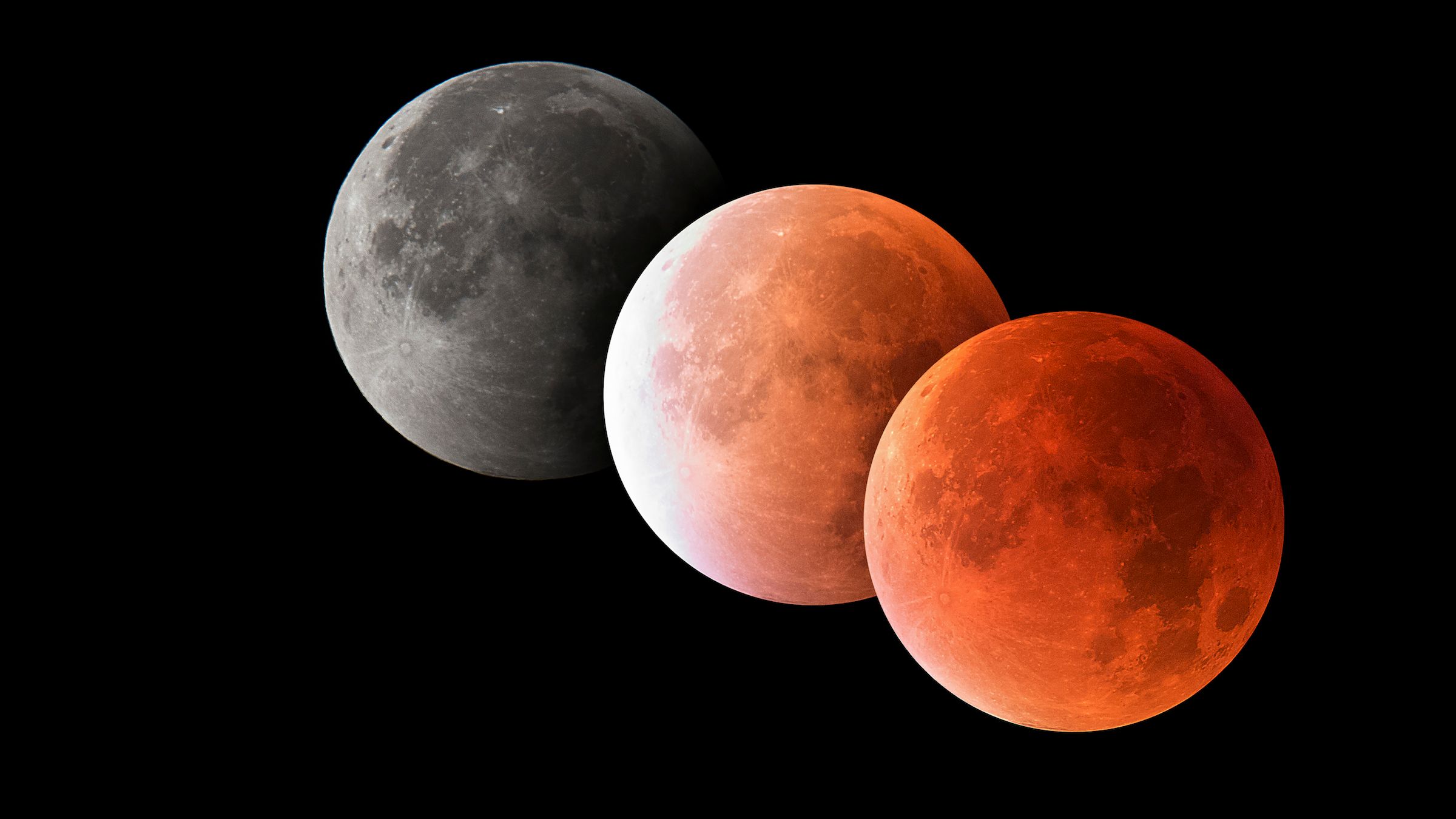 Various phases of a total lunar eclipse, blood moon, astrophotography