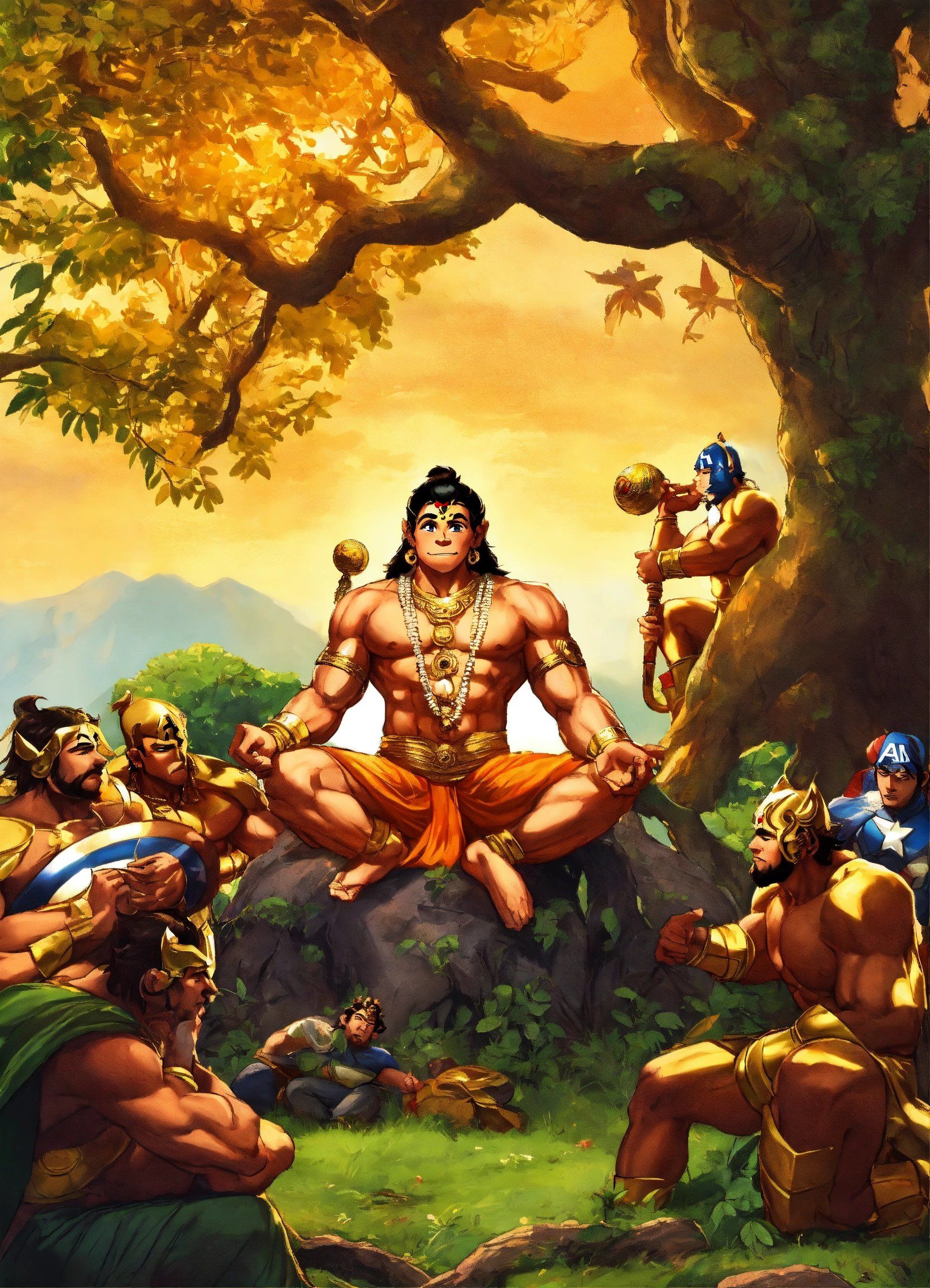 Lord Hanuman relaxing under a Tree and all Avenger